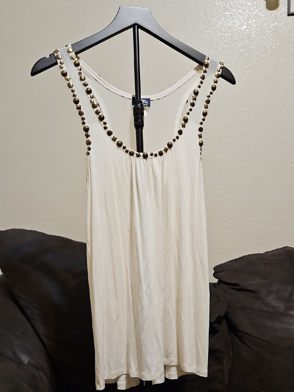 Blue Asphalt Cream Tank with Gold Bead Accents